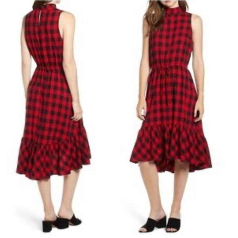BP. Women's Small Buffalo Plaid Check Midi Dress Red Black Ruffle Mock Neck Tier